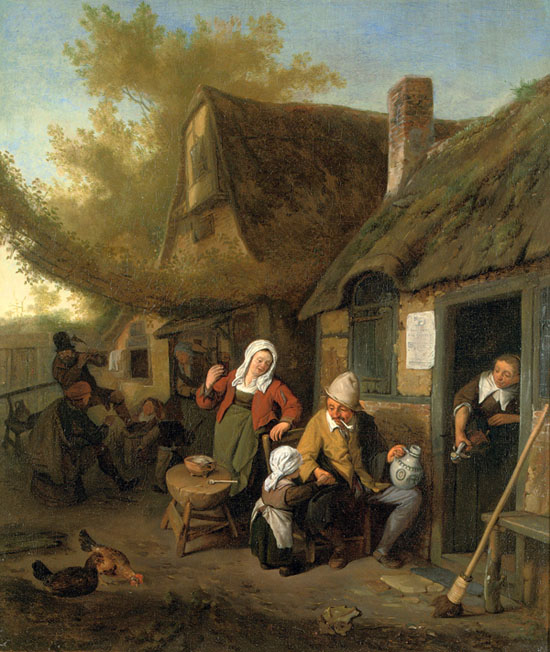 peasant family in front of a house by Cornelis Dusart